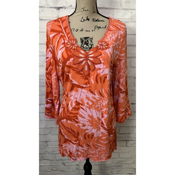 Soft Surroundings Tops - Soft Surroundings Med Tropical Palm Beaded Tunic Top Del Rio Orange resortwear
